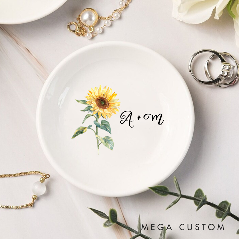 Personalized Vibrant Sunflower with Initials Wedding Engagement Round Ring Dish