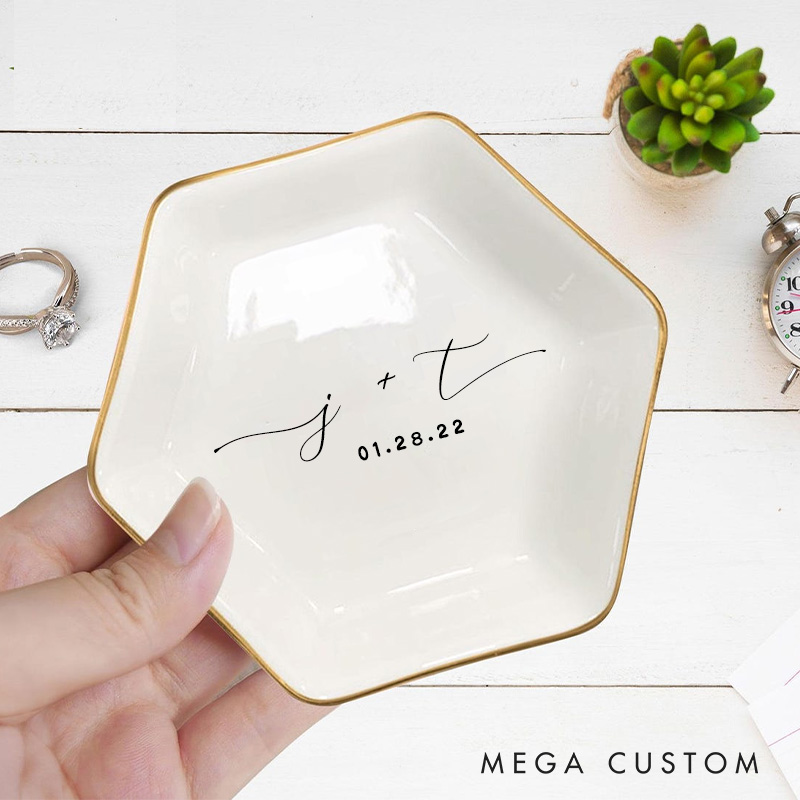 Personalized Minimalist Initials with Date Wedding Engagement Gold-Trimmed Hexagon Ring Dish