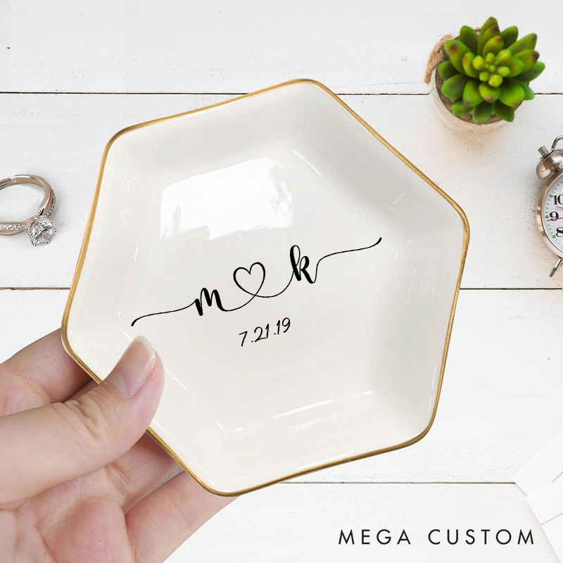 Personalized Elegant Flowing Initials with Heart and Date Wedding Engagement Couple Gold-Trimmed Hexagon Ring Dish