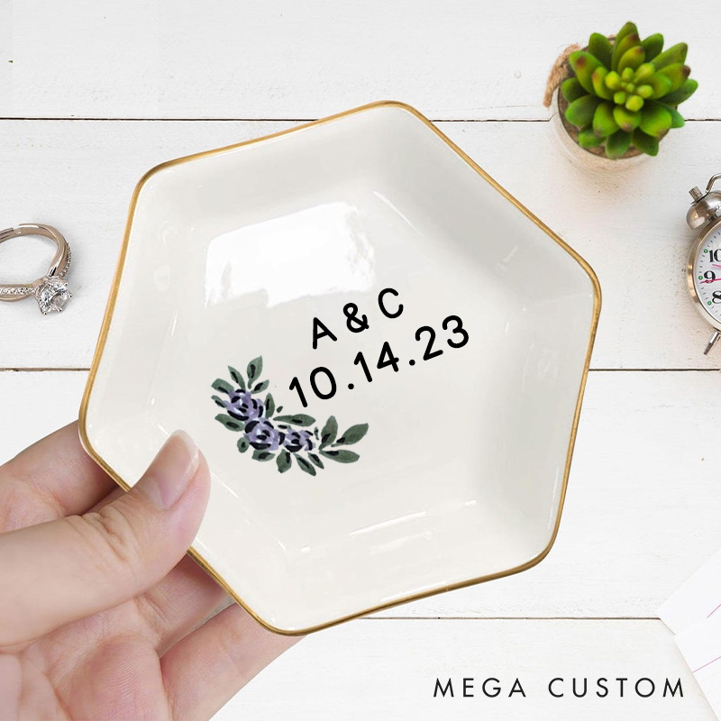 Personalized Elegant Watercolor Purple Floral with Initials Wedding Engagement Couple Gold-Trimmed Hexagon Ring Dish