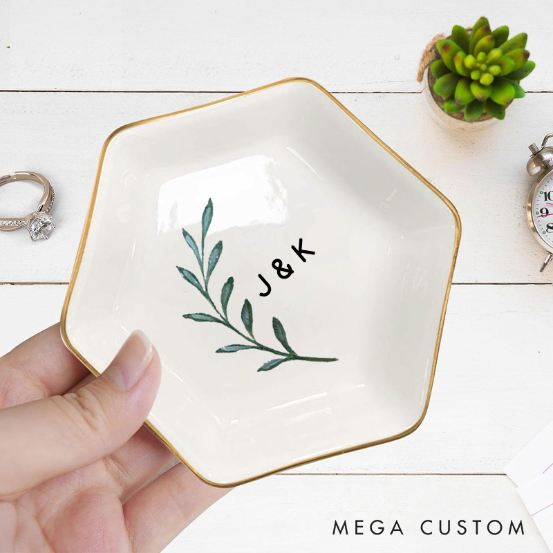 Personalized Watercolor Olive Branch with Initials Wedding Engagement Couple Gold-Trimmed Hexagon Ring Dish