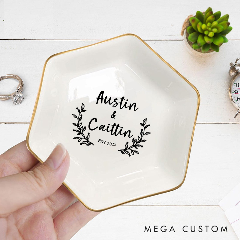 Personalized Rustic Laurel Wreath Wedding Monogram with Names and Date Wedding Engagement Couple Gold-Trimmed Hexagon Ring Dish