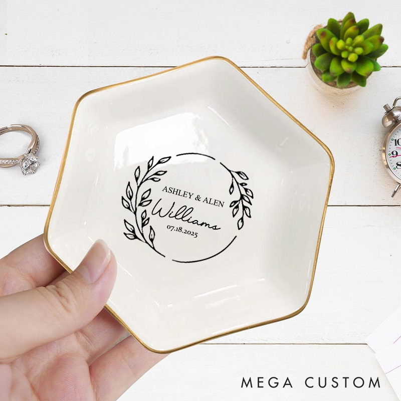 Personalized Elegant Circular Laurel Monogram Wedding Engagement Couple Gold-Trimmed Hexagon Ring Dish