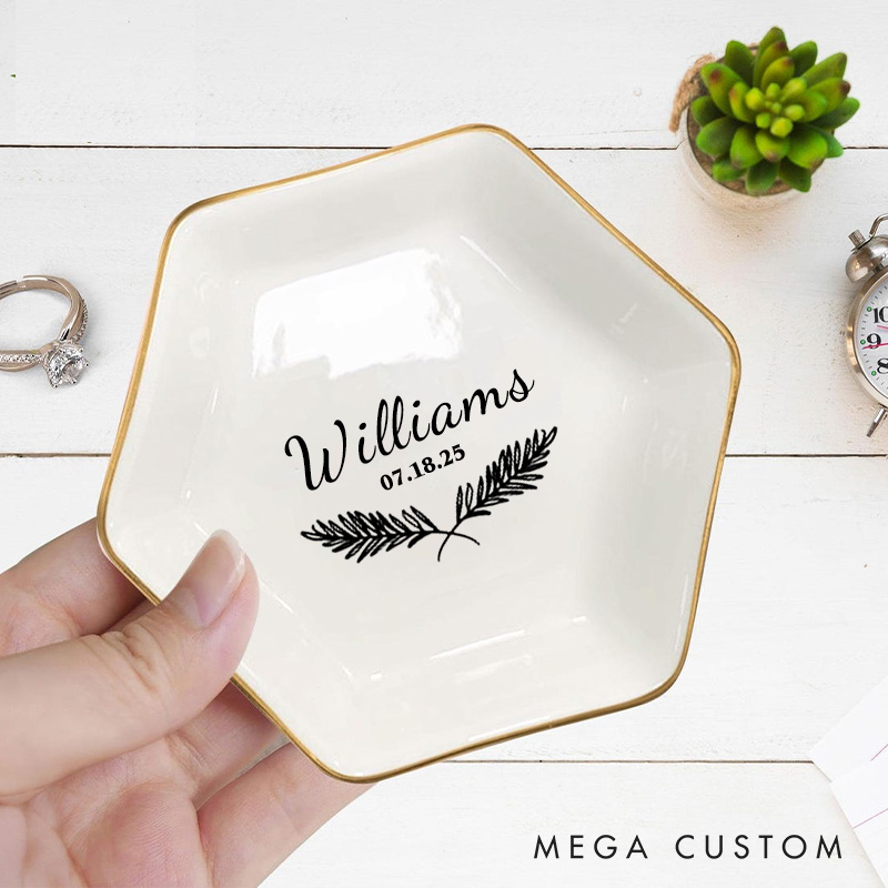 Personalized Classic Fern Wedding Monogram with Date Wedding Engagement Couple Gold-Trimmed Hexagon Ring Dish
