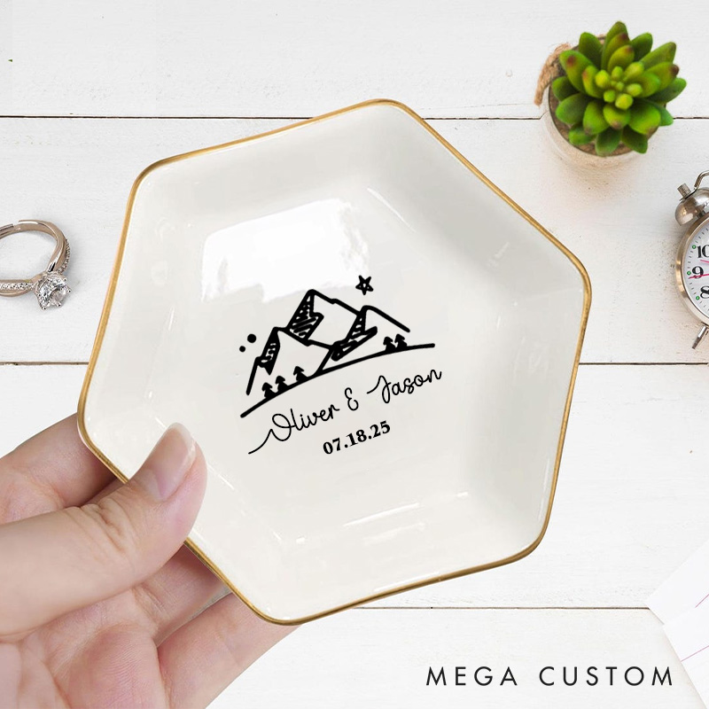 Personalized Adventure-Inspired Mountain Under the Night Sky Wedding Engagement Couple Gold-Trimmed Hexagon Ring Dish