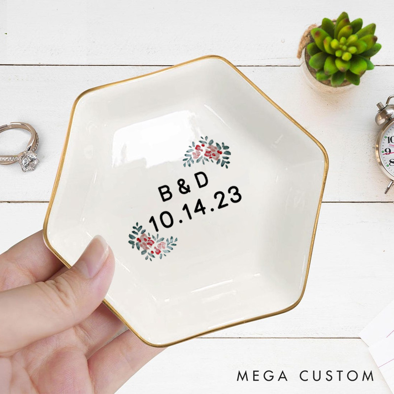 Personalized Red Floral Wedding Monogram with Initials and Date Wedding Engagement Couple Gold-Trimmed Hexagon Ring Dish