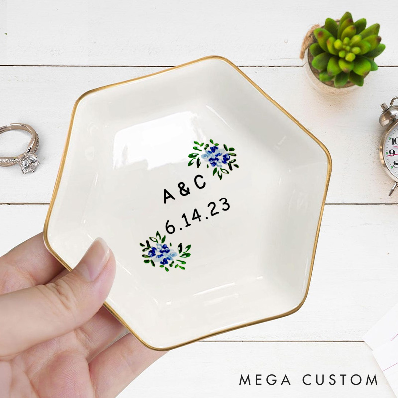 Personalized Blue Floral Wedding Monogram with Initials and Date Wedding Engagement Couple Gold-Trimmed Hexagon Ring Dish