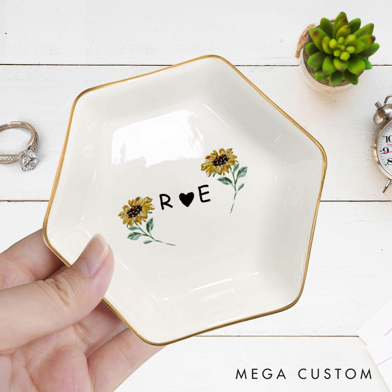 Personalized Cheerful Watercolor Sunflowers with Initials and Heart Wedding Engagement Gold-Trimmed Hexagon Ring Dish