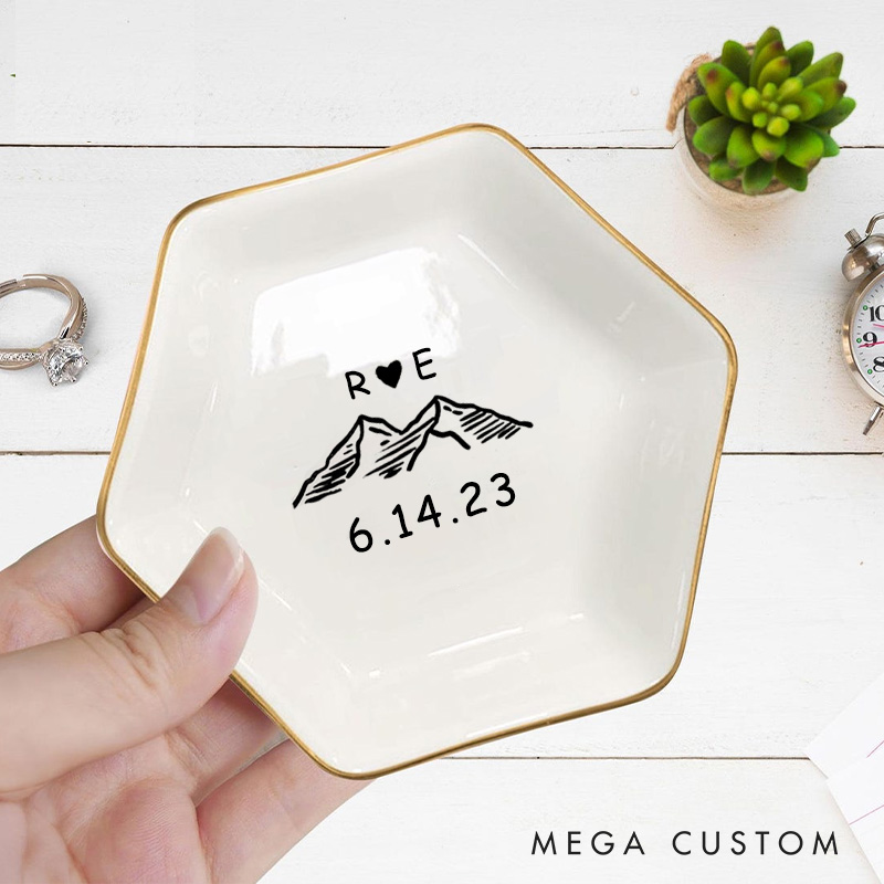 Personalized Mountain Adventure Initials Design with Heart and Date Wedding Engagement Gold-Trimmed Hexagon Ring Dish