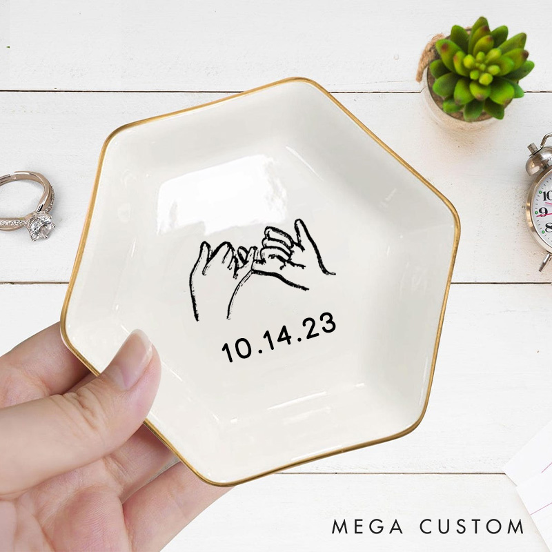 Personalized Minimalist Hand-in-Hand with Date Wedding Engagement Gold-Trimmed Hexagon Ring Dish
