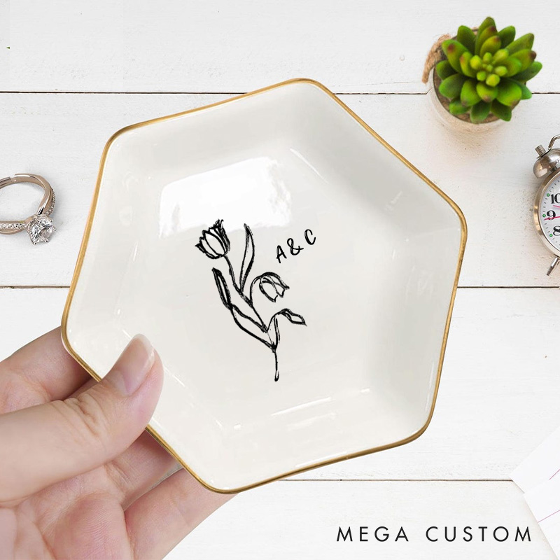 Personalized Artistic Floral Tulip Initials with Date Wedding Engagement Gold-Trimmed Hexagon Ring Dish