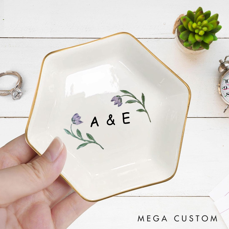Personalized Watercolor Purple Tulip with Initials Wedding Engagement Gold-Trimmed Hexagon Ring Dish