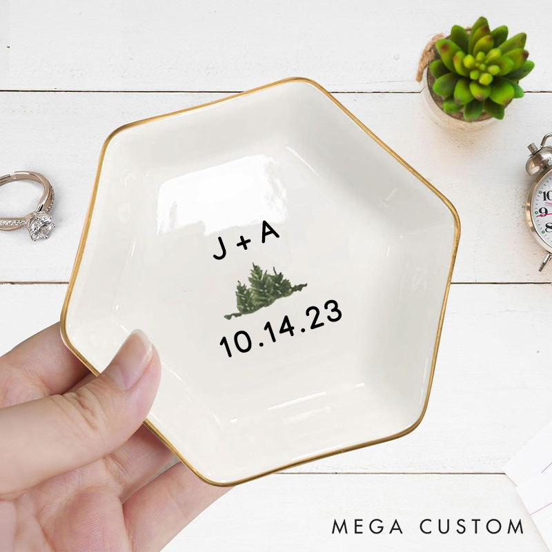 Personalized Minimalist Evergreen with Initials and Date Wedding Engagement Gold-Trimmed Hexagon Ring Dish