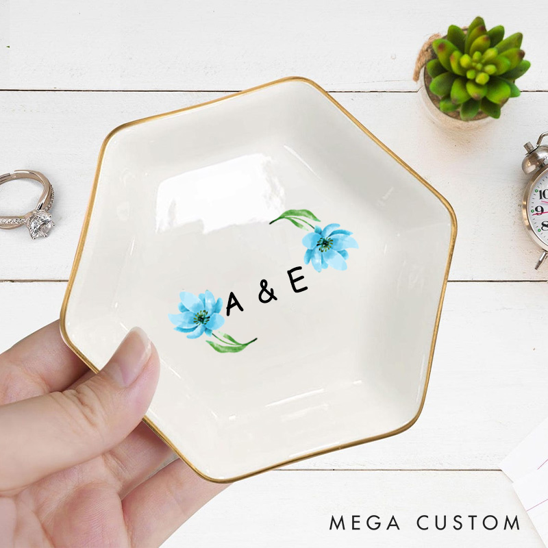 Personalized Watercolor Floral Blue Blossoms with Initials Wedding Engagement Gold-Trimmed Hexagon Ring Dish
