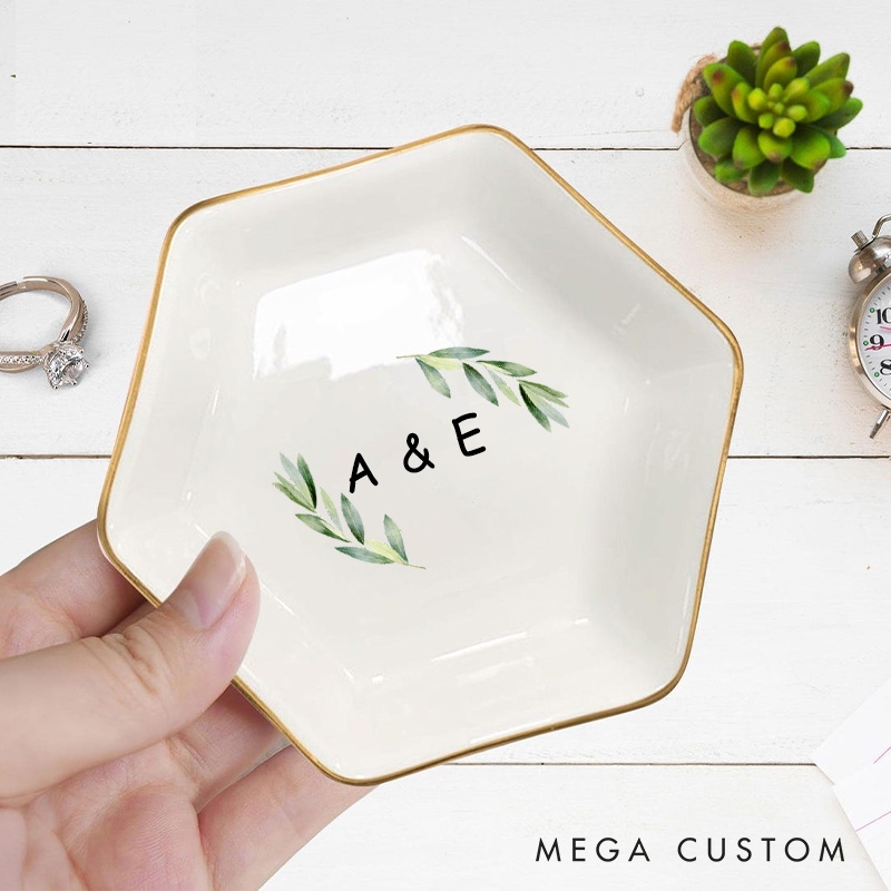 Personalized Watercolor Leafy Branches with Initials Wedding Engagement Gold-Trimmed Hexagon Ring Dish