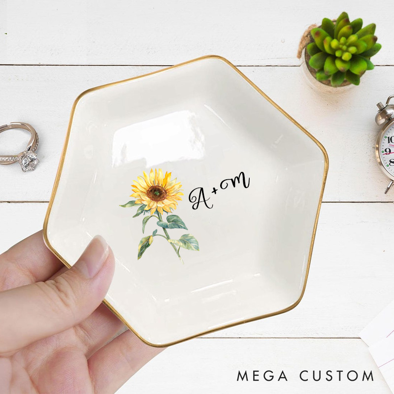 Personalized Vibrant Sunflower with Initials Wedding Engagement Gold-Trimmed Hexagon Ring Dish