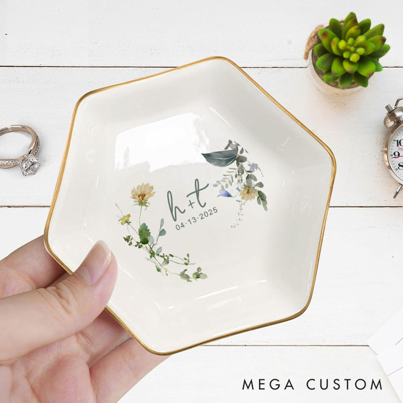 Personalized Delicate Watercolor Floral and Leaves Wedding Engagement Gold-Trimmed Hexagon Ring Dish