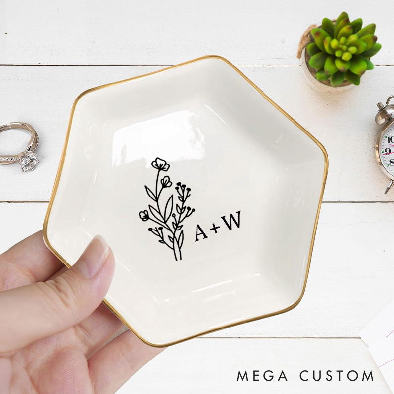 Personalized Wild Flower with Initials Wedding Engagement Gold-Trimmed Hexagon Ring Dish