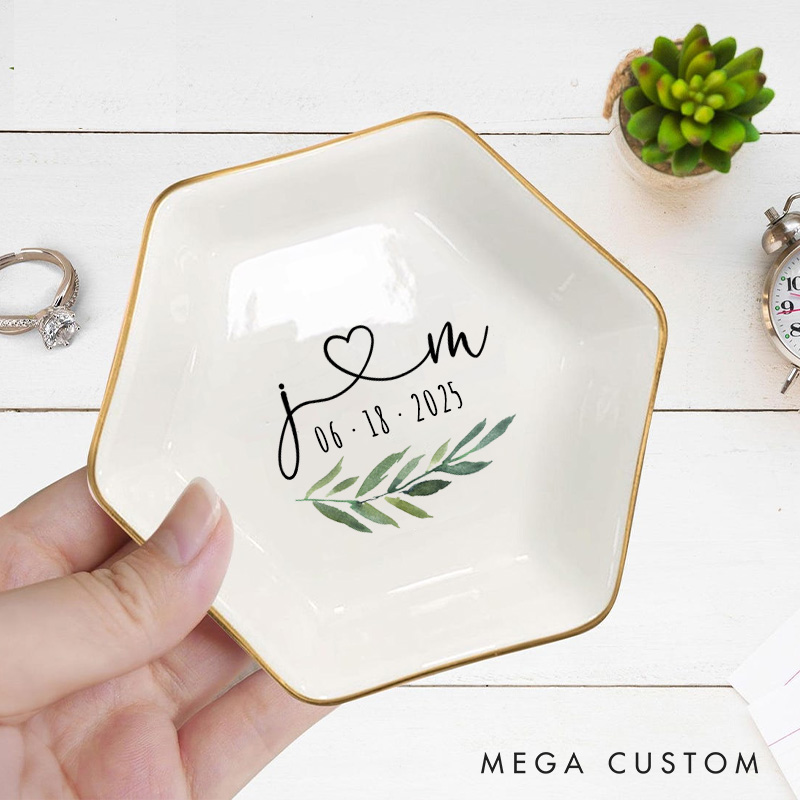 Personalized Romantic Watercolor Foliage Initials with Heart Wedding Engagement Gold-Trimmed Hexagon Ring Dish