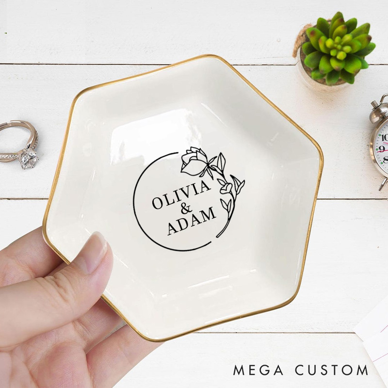 Personalized Elegant Circular Frame Rose Wedding Engagement Gold-Trimmed Hexagon Ring Dish