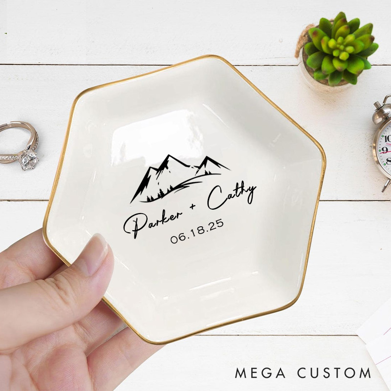 Personalized Bold Mountain Landscape Monogram Wedding Engagement Gold-Trimmed Hexagon Ring Dish