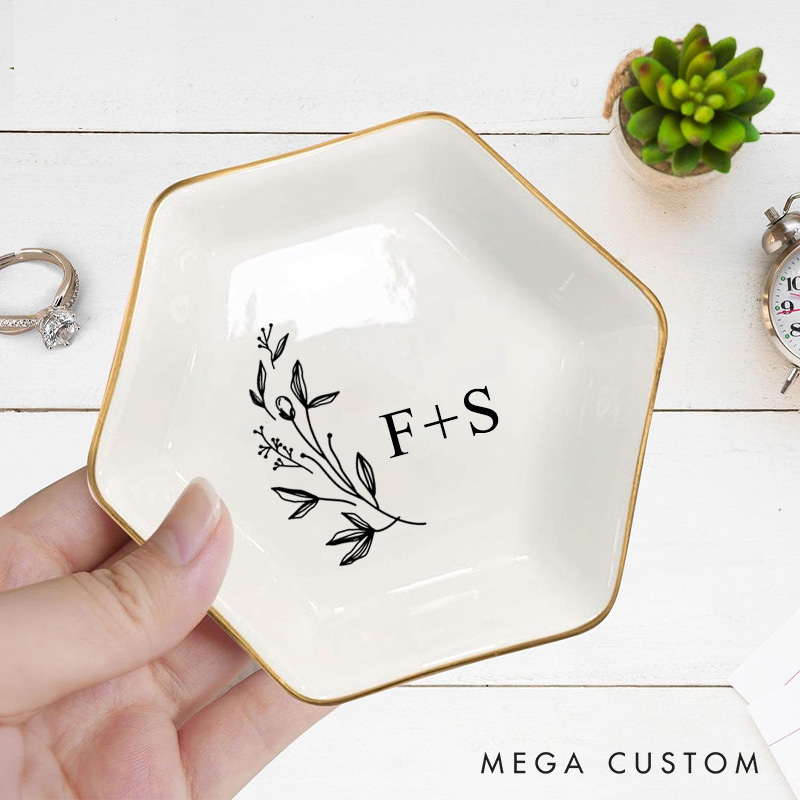 Personalized Wild Flowers and Leaves Wedding Engagement Gold-Trimmed Hexagon Ring Dish