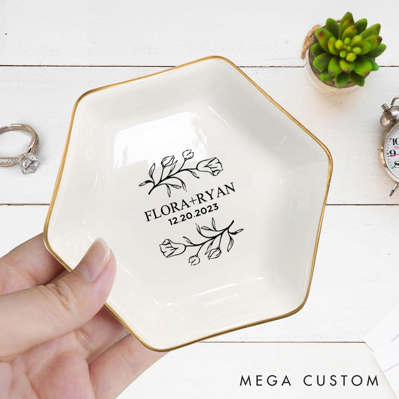 Personalized Elegant Morning Glory Monogram Wedding Engagement Gold-Trimmed Hexagon Ring Dish