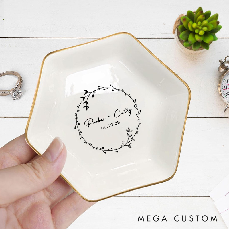 Personalized Floral Wreath with Small Leaves and Buds Wedding Engagement Gold-Trimmed Hexagon Ring Dish