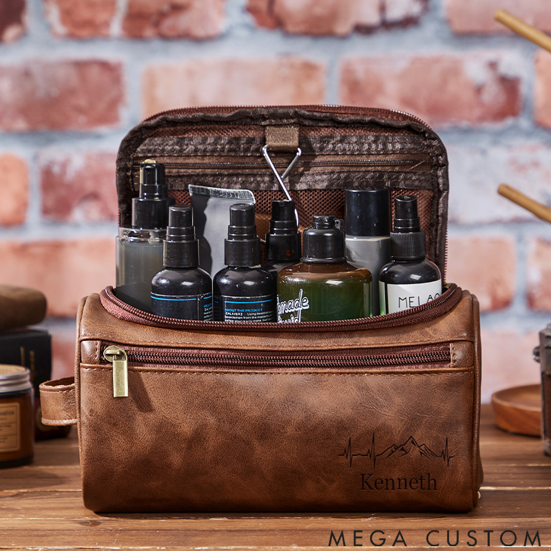 Personalized Leather Toiletry Bag Custom Names Dopp Kit Gift for Outdoors Hiking Camping Travel Lover