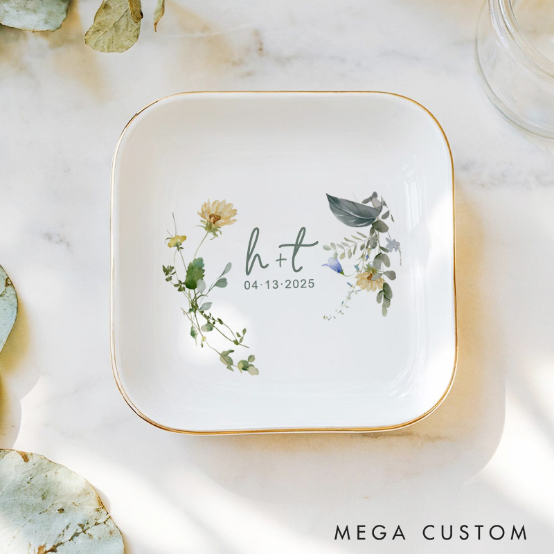 Personalized Delicate Watercolor Floral and Leaves Wedding Engagement Gold-Trimmed Ring Dishes