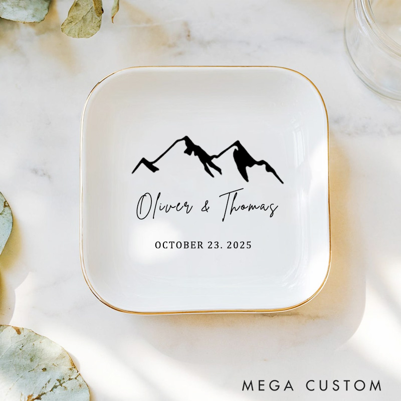 Personalized Minimalist Mountain Range Wedding Engagement Gold-Trimmed Ring Dishes