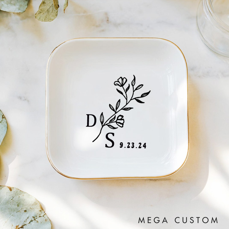 Personalized Minimalist Wild Flower with Initials Wedding Engagement Gold-Trimmed Ring Dishes