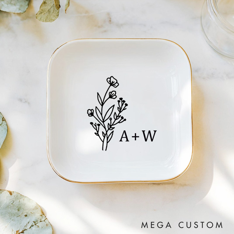 Personalized Wild Flower with Initials Wedding Engagement Gold-Trimmed Ring Dishes