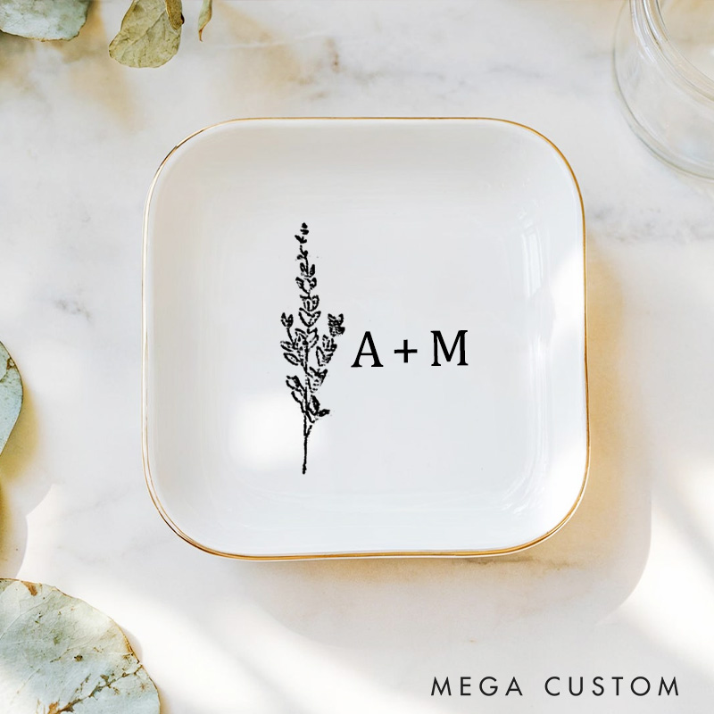 Personalized Minimalist Lavender Floral Wedding Engagement Gold-Trimmed Ring Dishes