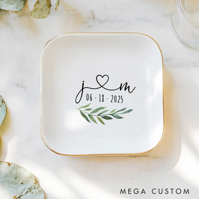 Personalized Romantic Watercolor Foliage Initials with Heart Gold-Trimmed Ring Dishes