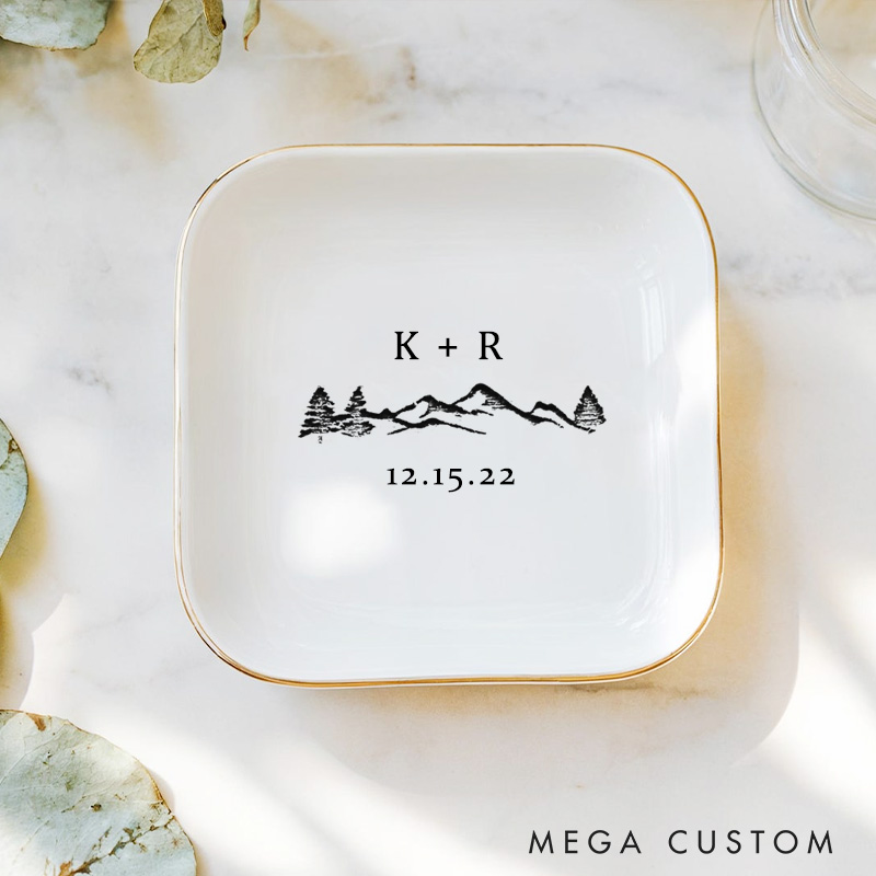 Personalized Rustic Mountain and Forest Wedding Engagement Gold-Trimmed Ring Dishes