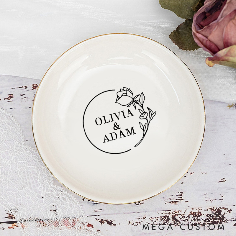 Personalized Elegant Circular Frame Rose Wedding Engagement Gold-Trimmed Ring Dishes