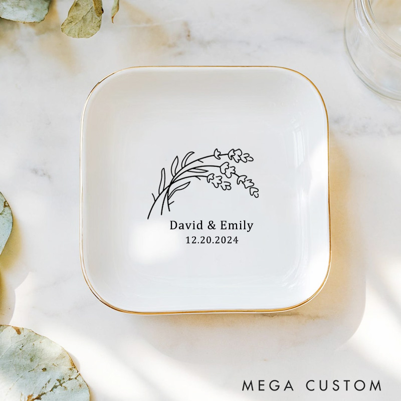 Personalized Elegant Lavender Sprigs Wedding Engagement Gold-Trimmed Ring Dishes