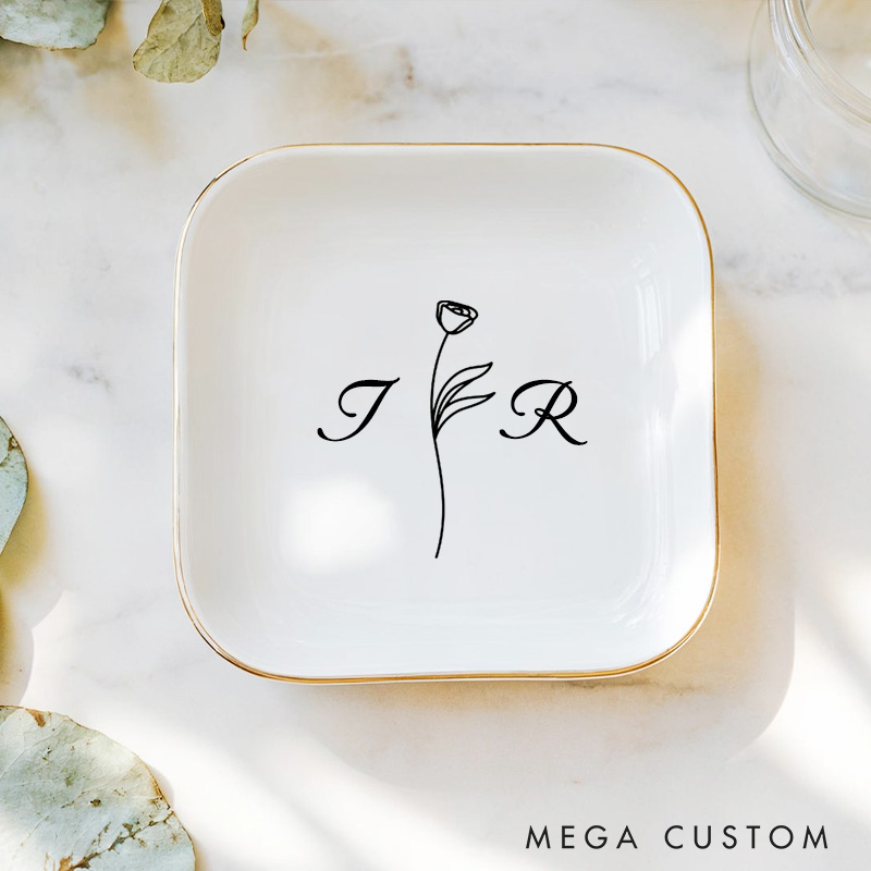 Personalized Minimalist Floral Monogram Wedding Engagement Gold-Trimmed Ring Dishes