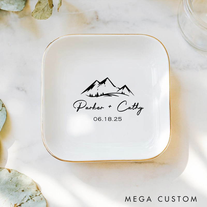 Personalized Bold Mountain Landscape Monogram Wedding Engagement Gold-Trimmed Ring Dishes