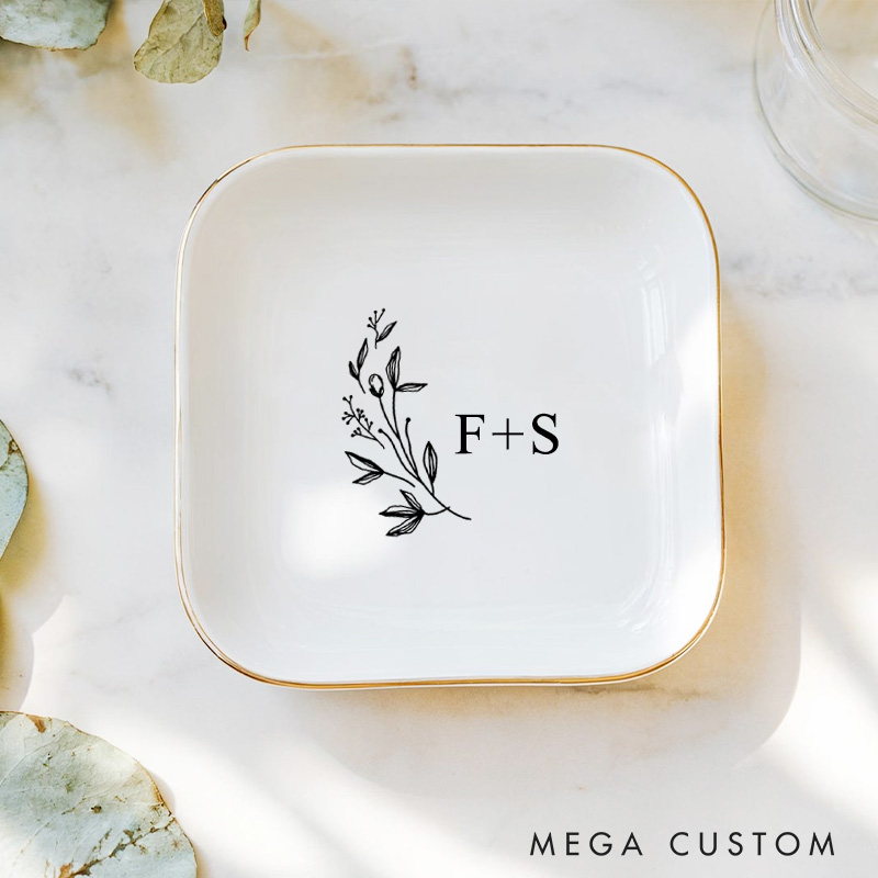 Personalized Wild Flowers and Leaves Wedding Engagement Gold-Trimmed Ring Dishes