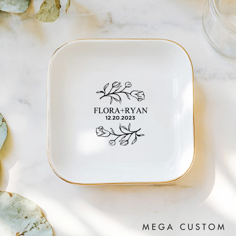 Personalized Elegant Morning Glory Monogram Wedding Engagement Gold-Trimmed Ring Dishes