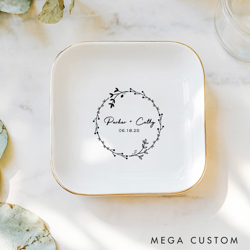 Personalized Floral Wreath with Small Leaves and Buds Wedding Engagement Gold-Trimmed Ring Dishes