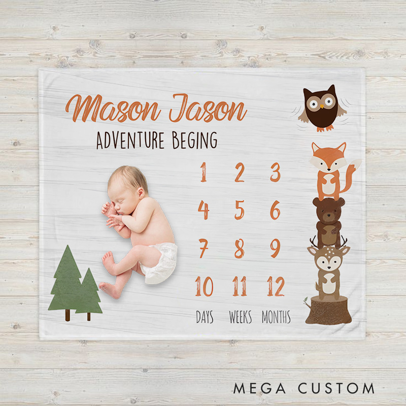 Personalized Baby Name Blanket Woodland Baby Milestone Fleece Blanket