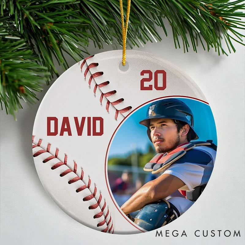 Personalized Baseball Christmas Ornament with Custom Photo, Name, and Number
