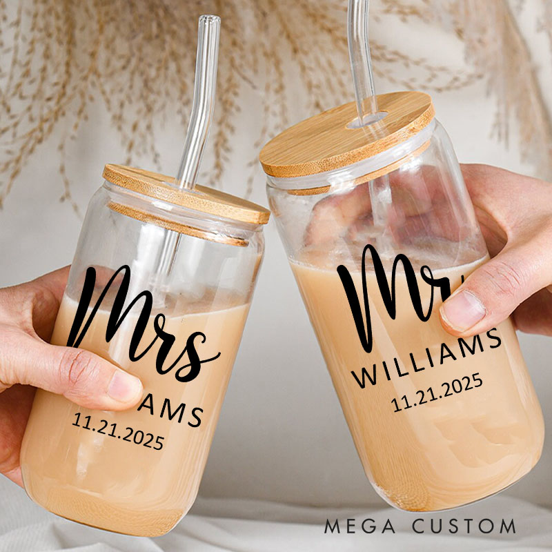 Personalized Mr and Mrs Anniversary Glass Cup Couple Water Bottle with Name Couple Glass Coffee Cup for Anniversary