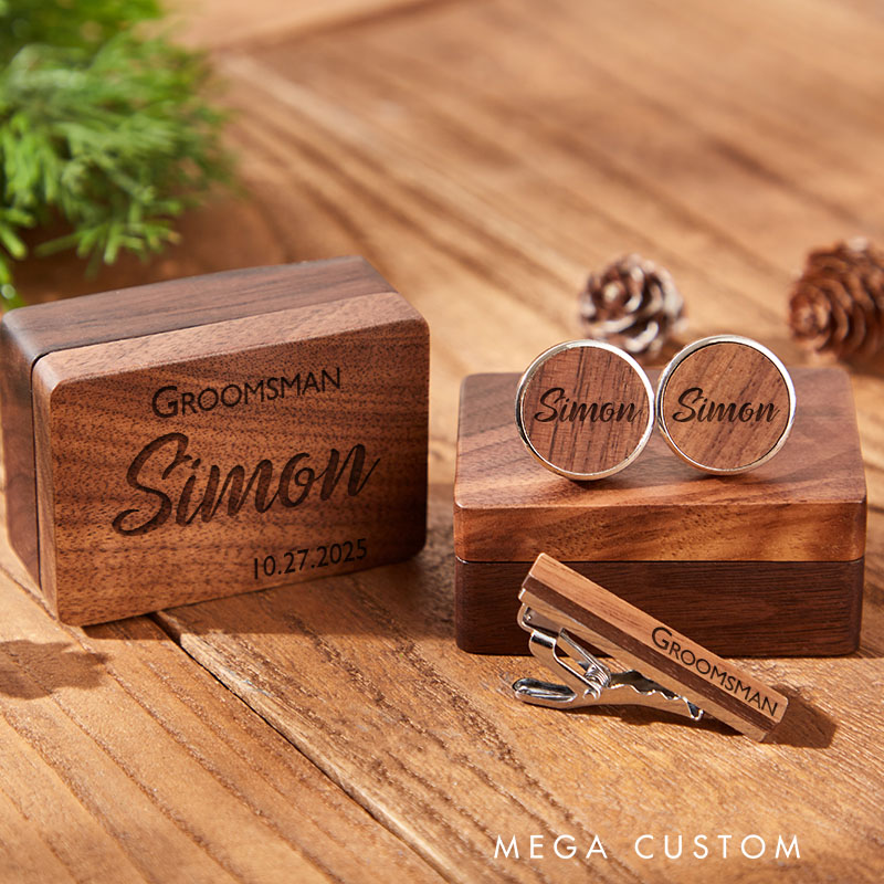 Personalized Groomsman Cufflink Box Set with Cufflinks and Tie Clip Groom Wedding Party Favors Cufflinks Box Set with Tie Clip
