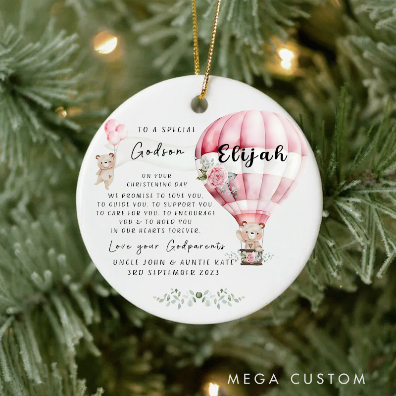 Personalised Pink Teddy Bear Balloon Ceramic Ornament Keepsake Promise to Godchild Christening Baptism Gift for Kids Christians