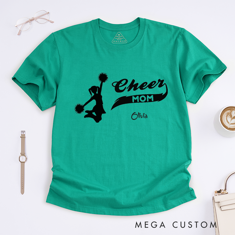 Personalized Cheer Mom T-Shirt Custom Name Cheerleader Gift Supportive Team Spirit Apparel for Proud Mothers of Cheerleaders Unique Present