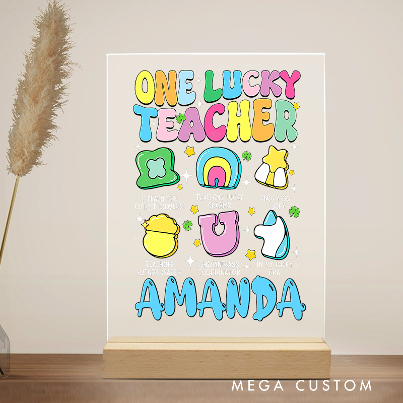Personalized Teacher Desk Acrylic Sign One Lucky Teacher Rainbow and Lucky Charms Theme Gift for Teachers